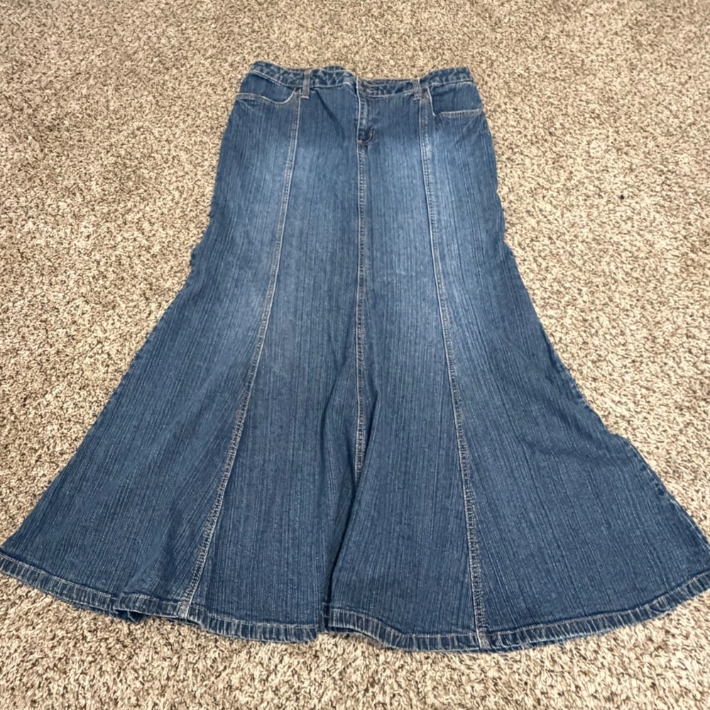 ana A New Approach Blue Denim Maxi Skirt Size 14 Flared Mermaid Long Skirt